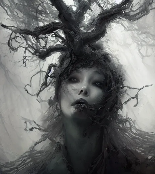 Prompt: a beautiful terrifying ghost portrait black eyes twisted trees, floating cloth whirlpool, butterfly hard lighting ethereal horror fantasy art by and raymond swanland and monet, ruan jia, by wlop, 4 k hd artstation concept art greyscale