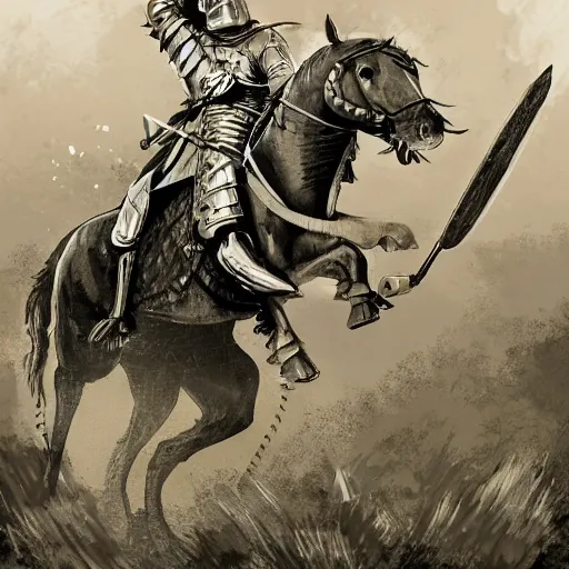 Image similar to A knight on a horse fighting a tank. Highly detailed. digital illustration. In the style of Veronique Meignaud.