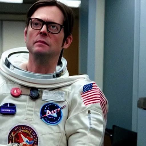 Image similar to Dwight from The Office wearing Astronaut Spacesuit