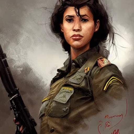 Image similar to portrait of a spanish communist paulina odena garcia, epic, tragic, military art, fantasy, hd shot, digital portrait, beautiful, artstation, comic style, by artgerm, guy denning, jakub rozalski, magali villeneuve and charlie bowater