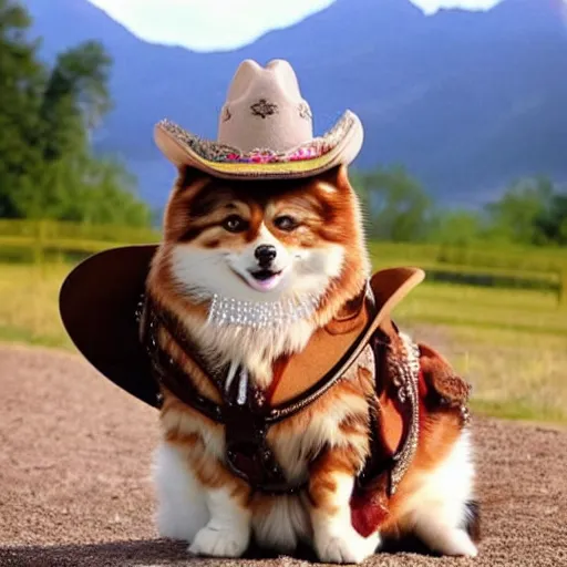 Image similar to siberian cat in a cowboy hat riding a corgi, wild west, sunset. no dude, for real, i want a siberian felis catus wearing a cowboy hat, riding a corgi canis. i dont want any cat hybrids, dogs ruding dogs or girls!!!!