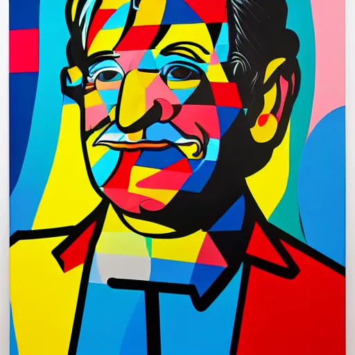 Image similar to robin williams street art mural by romero britto and haruki murakami : 1 high contrast, hard edges, matte painting, geometric shapes, masterpiece : 1