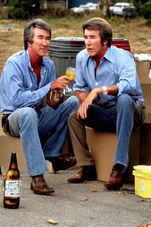 Image similar to randy mantooth and kevin tighe drunk, sitting by a dumpster drinking beer, many empty bottles lie around them