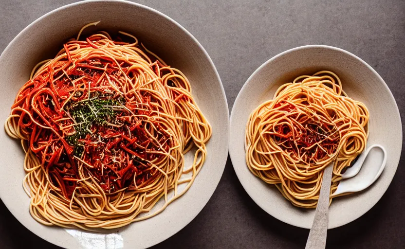 Image similar to top view of a spaghetti bowl, natural light, cinematic lighting, 8 k