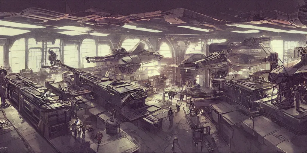 Prompt: concept art, massive, retro, atomic age, droid repair workshop, 7 0 s interior design, dramatic lighting, syd mead, akihiko yoshida, cinematic