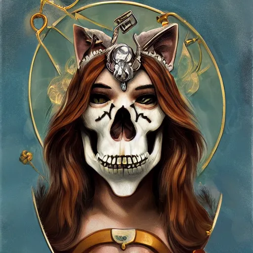 Image similar to cat skull tarot card, digital, rider waite card, painting, ultradetailed, artstation, oil painting, ultradetailed, artstation