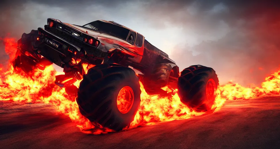 Image similar to Monster Truck on fire, PC Wallpaper, stunning photo, cinematic lighting, perfect composition, 8K, ultra-detailed , Trending on artstation, Octane render, Unreal Engine, highly detailed,