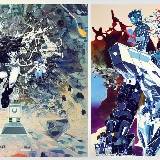 Image similar to the robots orion and sirius, nature and void, ego and id, form and function, bird and wolf ; both were disconnected from the simulation machine by a human virus, anime poster by yoji shinkawa and stina persson and raoul ruiz