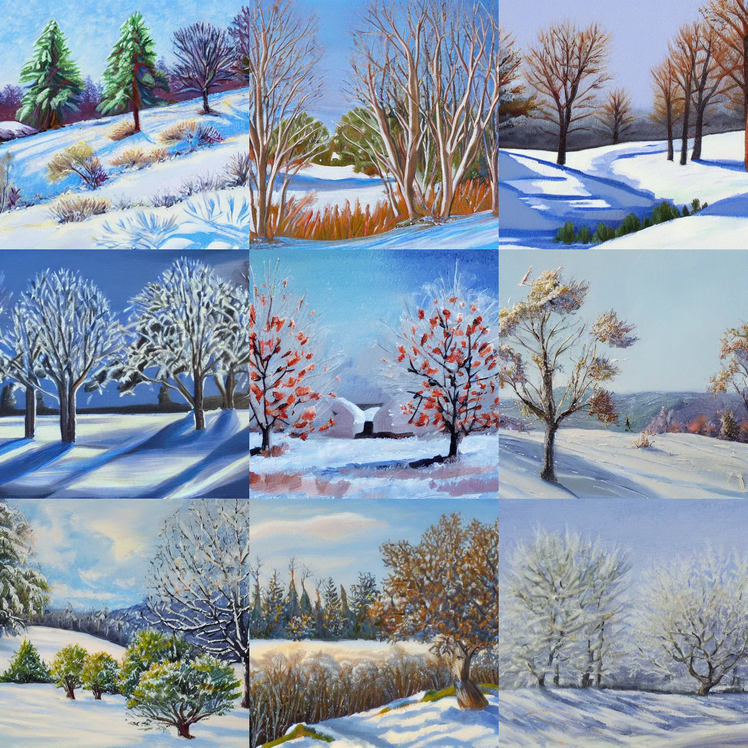 Prompt: a winter landscape with shrubs and trees on a clear day, in action painting style