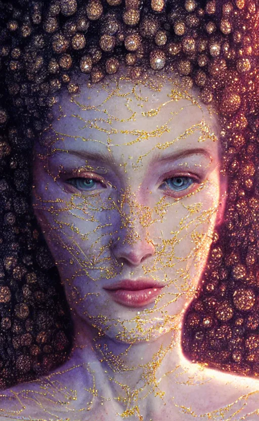 Image similar to extremely detailed cinematic movie still 3 0 7 7 portrait shot of a supermodel 2 5 years old white woman hyperreal skin face thin golden strings in art - nouveau shapes with tiny crystals all around by denis villeneuve, wayne barlowe, simon birch, marc simonetti, philippe druillet, bright volumetric sunlight from remote star, rich moody colors, closeup, bokeh