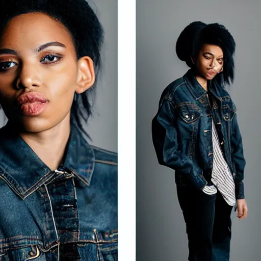 Prompt: realistic photoshooting for a new heliot emil lookbook color film photography portrait of a beautiful woman model, model wears a black paneled denim jacket, photo in style of tyler mitchell