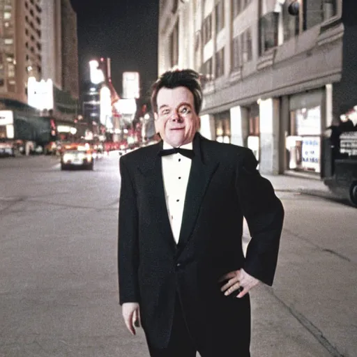 Image similar to 1 9 9 7 nathan lane wearing a black suit and necktie standing on the streets of chicago at night.