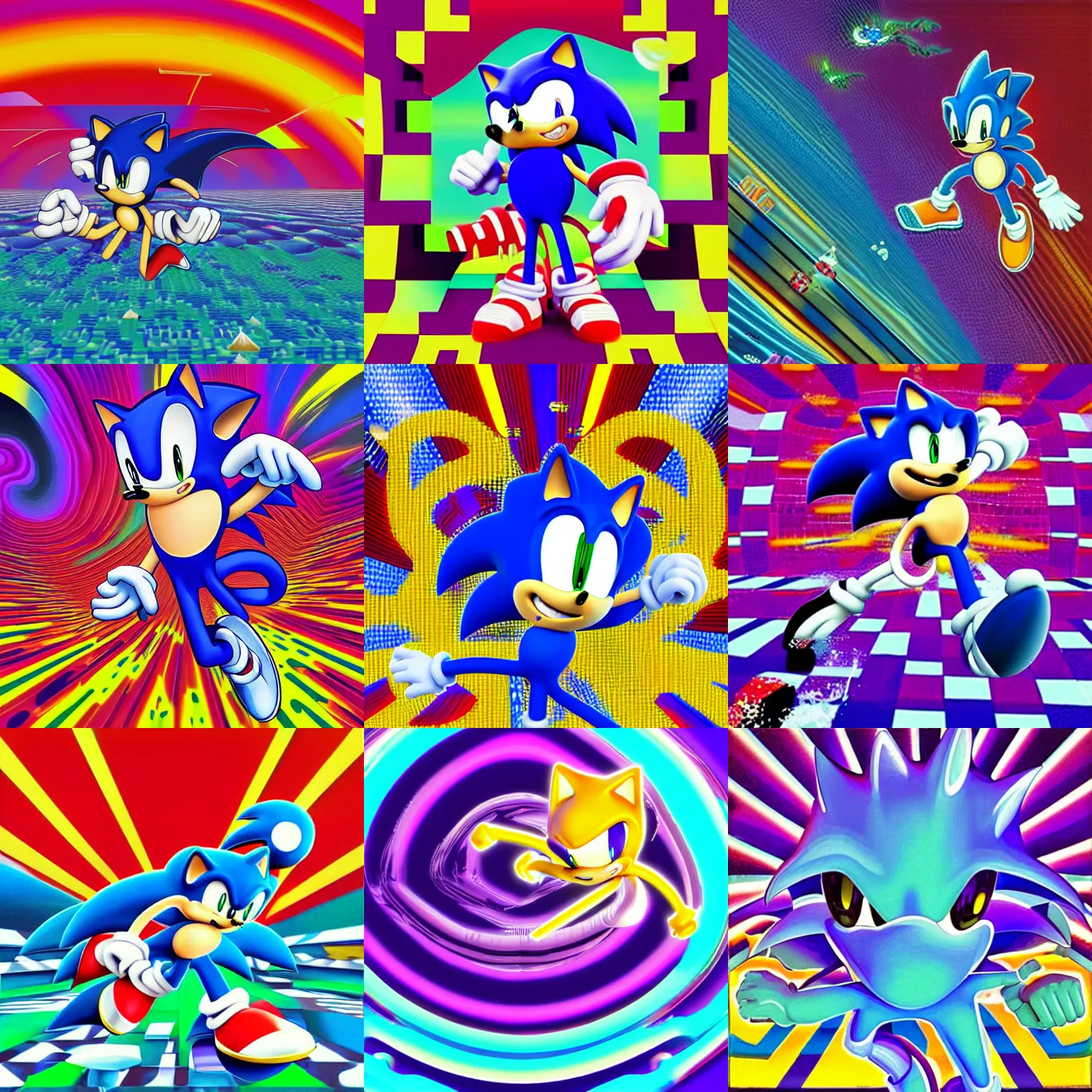 Prompt: surreal sonic portrait , sharp, detailed professional, high quality airbrush vaporwave art MGMT album cover of a liquid dissolving LSD DMT sonic the hedgehog surfing through pixel lands, purple checkerboard background, 1990s 1992 Sega Genesis video game album cover sonic