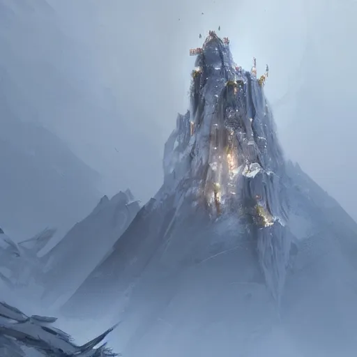 Image similar to an architectural concept of a fantasy tower in the top of a mountain, during winter with snow, trending on artstation, byeytan zana, environmental concept art & design, digital 2 d