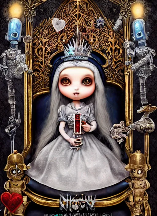 Image similar to highly detailed closeup portrait of a gothic nurse princess wearing a crown and sitting on an ice throne surrounded by cute tin toy retro robots, nicoletta ceccoli, mark ryden, lostfish, earl nore, hyung tae, frank frazetta, global illumination, god rays, detailed and intricate environment