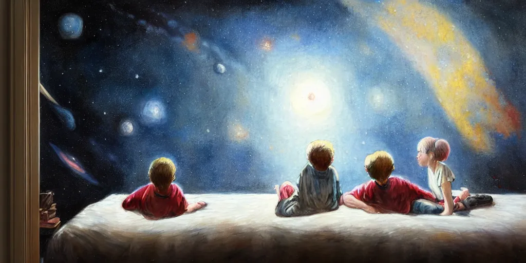 Prompt: one 5 year old boy and one 1 2 year old girl dreaming in their room with a wall and viewing the universe full of galaxies, imagination, part by norman rockwell, part by greg rutkowski, part by mattias adolfsson, high angle, ( ( ( ( volumetric lighting ) ) ) ), oil on canvas