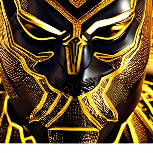 Image similar to a close up photo of a detailed golden statue of Black Panther, 8K,