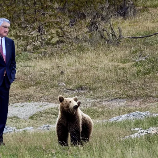 Image similar to Jerome Powell debating a grizzly bear