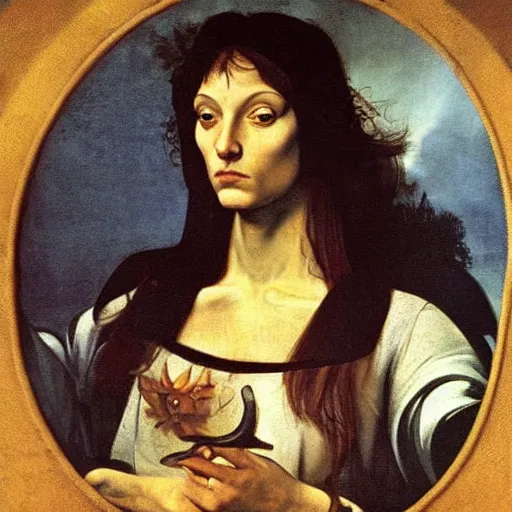 Image similar to portrait of beautyful witch circe in the odyssey, art by petrus christus, caravaggio, leonardo da vinci