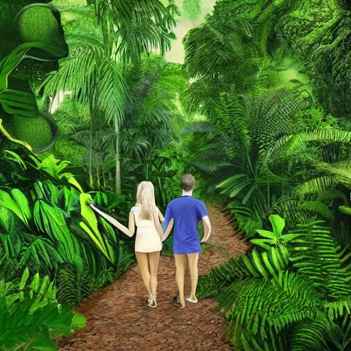 Image similar to a detailed photorealistic picture of two lovers holding hands walking through the forest overgrown canopy jungle lush foliage waterfall in background, 8k