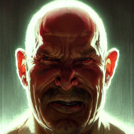 Image similar to portrait of a red bald man with black eyes and a black teeth, horror, glowing eyes, by Stanley Artgerm Lau , greg rutkowski, thomas kindkade, alphonse mucha, loish, norman rockwell. Trending on artstation detailed illustration hd 4k