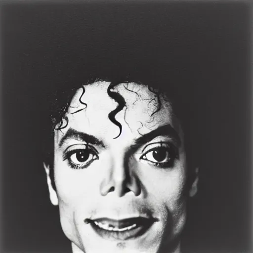 Image similar to photo of Michael Jackson by Diane Arbus, black and white, high contrast, Rolleiflex, 55mm f/4 lens