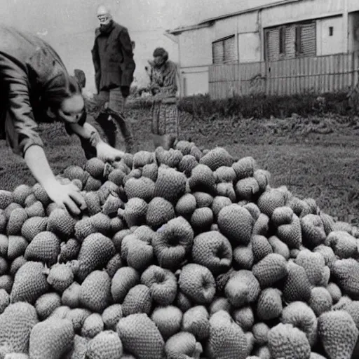 Image similar to hasbulla with flat face eat huge strawberries in the postsoviet suburbia