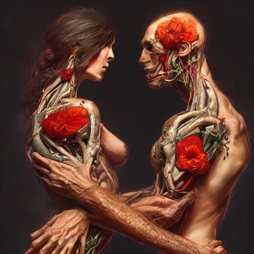 Image similar to two bodies entwined by arcimboldo, greg rutkowski, trending on artstation