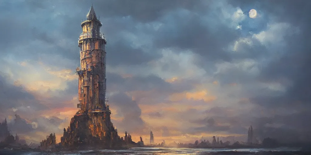 Prompt: an oil painting of a tower on the edge of forever, fantasy, hyper realistic, atmospheric lighting, cinematic, 8k,