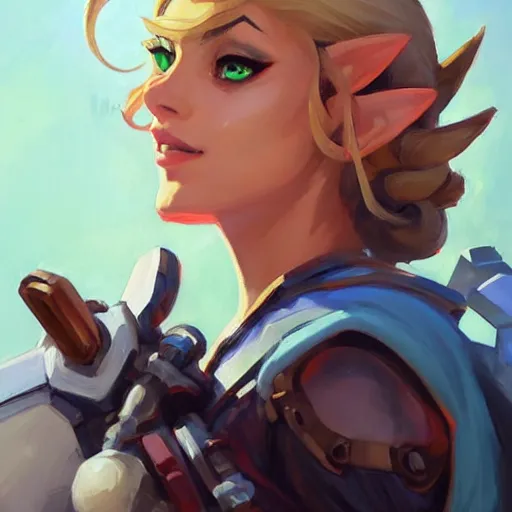 Image similar to greg manchess portrait painting of zelda as overwatch character, medium shot, asymmetrical, profile picture, organic painting, sunny day, matte painting, bold shapes, hard edges, street art, trending on artstation, by huang guangjian and gil elvgren and sachin teng