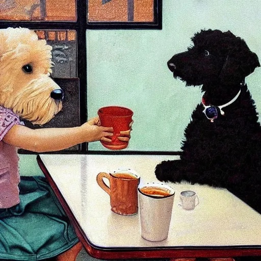 Image similar to Black Goldendoodle with a bright face and a puppy sitting at a diner drinking a cup of coffee, looking melancholy, Norman Rockwell style