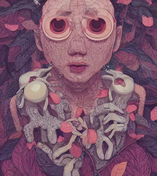 Prompt: portrait, nightmare anomalies, leaves with fishballs by miyazaki, violet and pink and white palette, illustration, kenneth blom, mental alchemy, james jean, pablo amaringo, naudline pierre, contemporary art, hyper detailed