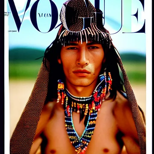 Prompt: a beautiful professional photograph by hamir sardar, herb ritts and ellen von unwerh for the cover of vogue magazine of an unusually handsome native male yanomami female fashion model looking at the camera in a flirtatious way, leica 5 0 mm f 1. 8 lens