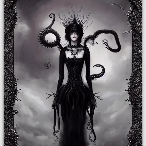 Prompt: By Tom Bagshaw, ultra realist soft painting of a curiosities carnival ornaments spikes and tentacles by night, very beautiful female dollpunk in full gothic dress and black eyes, symmetry accurate features, very intricate details, omnious sky, black and white, volumetric light clouds