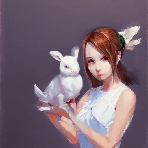 Prompt: portrait of a cute girl holding a white rabbit looking directing at camera, strong brush stroke, very high detailed, symmetrical face, sharp focus, illustration, morandi color scheme, art station, by krenz cushart, h 7 0 4
