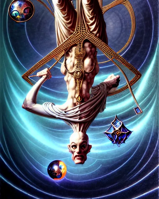 Image similar to man hanging upside down tarot card, fantasy character portrait made of fractals, ultra realistic, wide angle, intricate details, the fifth element artifacts, highly detailed by peter mohrbacher, hajime sorayama, wayne barlowe, boris vallejo, aaron horkey, gaston bussiere, craig mullins