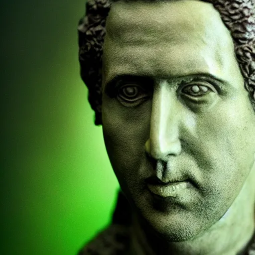 Prompt: Nicolas Cage mossy statue, green moss all over, bottom of the ocean, deep ocean, fish, 4k, detailed, photorealistic, photo