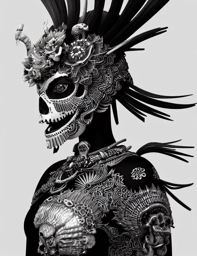 Image similar to 3 d goddess close - up profile simple portrait punk skull with mohawk with ram skull. beautiful intricately detailed japanese crow kitsune mask and clasical japanese kimono. betta fish, jellyfish phoenix, bio luminescent, plasma, ice, water, wind, creature, artwork by tooth wu and wlop and beeple and greg rutkowski