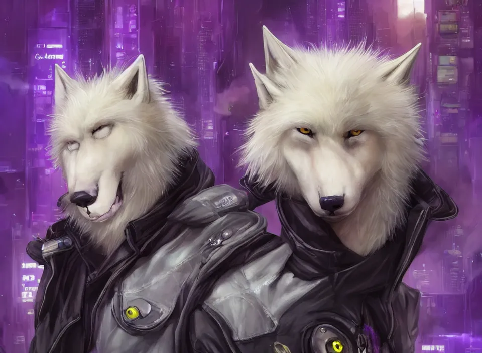 Image similar to award winning beautiful portrait commission of a male furry anthro albino wolf fursona with a tail and a cute beautiful attractive detailed furry face wearing stylish black, purple and yellow cyberpunk biker clothes riding a cybertech motorcycle in a cyberpunk city at night while it rains. Character design by charlie bowater, ross tran, artgerm, and makoto shinkai, detailed, inked, western comic book art