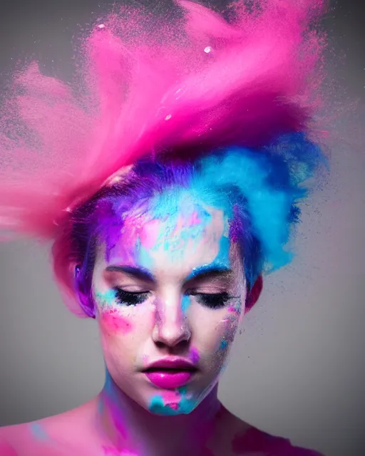 Image similar to a dramatic lighting photo of a beautiful young woman with cotton candy hair. paint splashes. with a little bit of cyan and pink