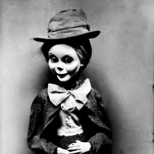 Image similar to ventriloquist doll smiling, ventriloquist dummy, photo, surrealistic, creepy, dark, epic, cinematic, style of atget, detailed