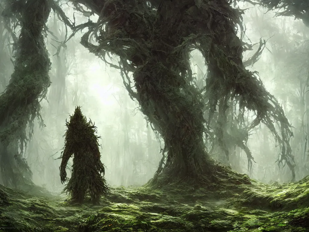 Prompt: a walking druid abomination, heavily forested, overgrown trees, beautiful lighting, beautiful landscape beautifully designed character, award winning collaborative painting by geg ruthowski, alphonse murac, craig mullins, ruan jia, wlop, yoji shinkawa, collaborative artwork, exquisitely high quality and detailed, overwhelmingly favorited by critics, game wallpaper