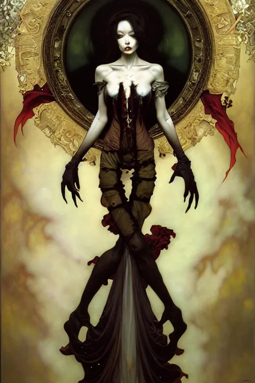 Prompt: baroque oil painting of full body vampire princess portrait, by nekro, peter mohrbacher, alphonse mucha, brian froud, yoshitaka amano, kim keever, victo ngai, james jean