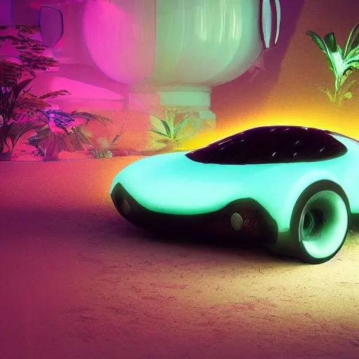 Image similar to a fancy alien sports car abandoned on magical biome, luminescent, neon, unreal render, unreal engine 5, octane render, enchanted plants, cinematic, intricate, ornate, photorealistic, ultra detailed, realistic, 1 0 0 mm, photography, octane, high definition, depth of field, bokeh, 8 k, behance, trending on artstation