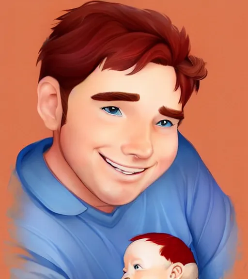 Image similar to a father with short red hair, a short red beard and blue eyes and a slightly chubby face hold his infant son with short brown hair full color digital illustration in the style of don bluth, artgerm, artstation trending, 4 k