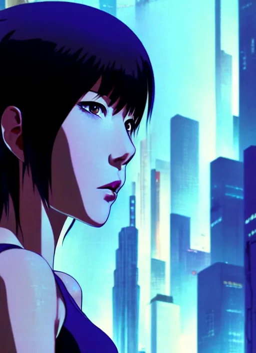 Image similar to a film still portrait of a motoko kusanagi ghost in the shell, finely detailed features, closeup at the faces, perfect art, at a cyberpunk city, gapmoe yandere grimdark, trending on pixiv fanbox, painted by greg rutkowski makoto shinkai takashi takeuchi studio ghibli, akihiko yoshida