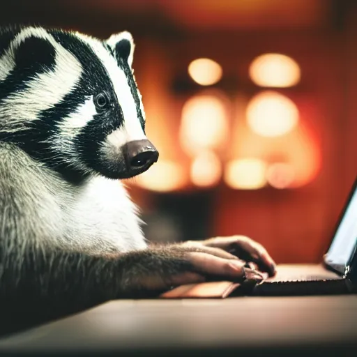 Prompt: badger sitting at a computer and drinking a beer!!!!!! professional photography, artistic lighting