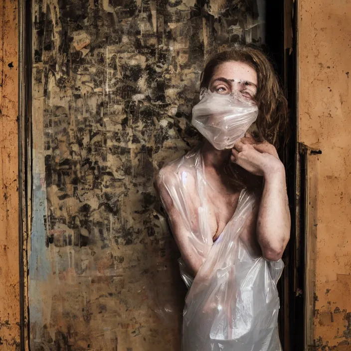 Prompt: closeup portrait of a woman wrapped in plastic, standing in a derelict coffee shop cafe, color photograph, by vincent desiderio, canon eos c 3 0 0, ƒ 1. 8, 3 5 mm, 8 k, medium - format print