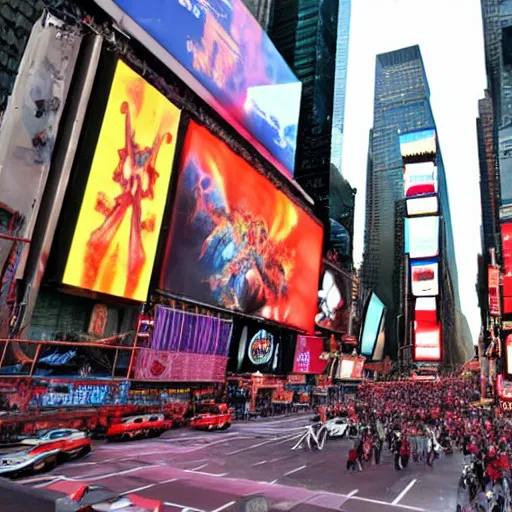 Prompt: three riders of apocalypse on time square in fire