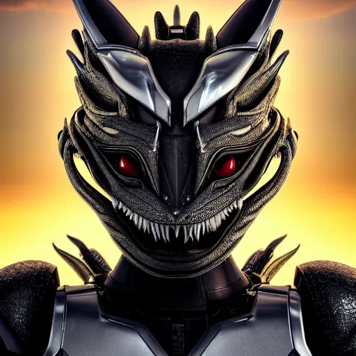 Image similar to high quality close up headshot of a cute beautiful stunning robot anthropomorphic female dragon, with sleek silver armor, a black OLED visor over the eyes, looking at the camera, her sharp dragon maw open in front of the camera, camera looking down into the detailed living maw, about to consume you, on the beach at sunset, highly detailed digital art, furry art, anthro art, sci fi, warframe art, destiny art, high quality, 3D realistic, mawshot, dragon art, Furaffinity, Deviantart